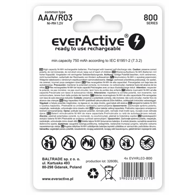 Oplaadbare AAA NiMH-batterijen everActive EVHRL03-800 – 1,2 V, 4 stuks, cilindrisch 44,5×10,5 mm