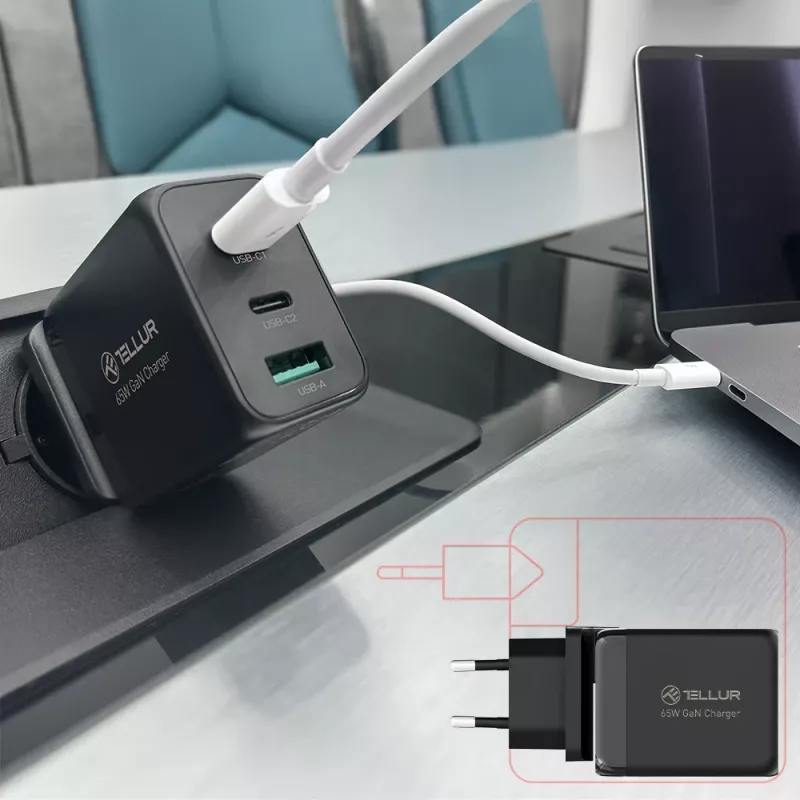 Wandlader Tellur TLL151451 65W, 3-poorts (2x USB-C, 1x USB-A)