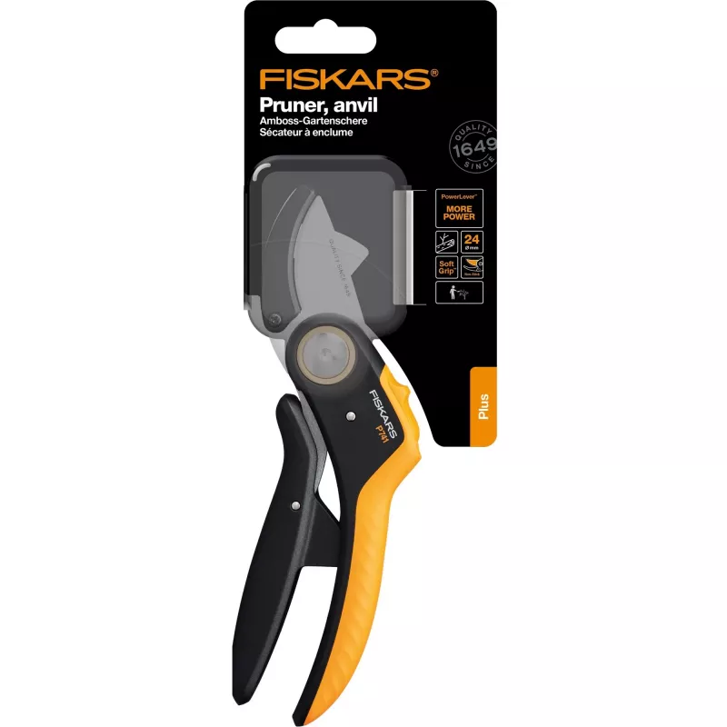 Takenschaar Fiskars Plus PowerLever aambeeld zwart oranje