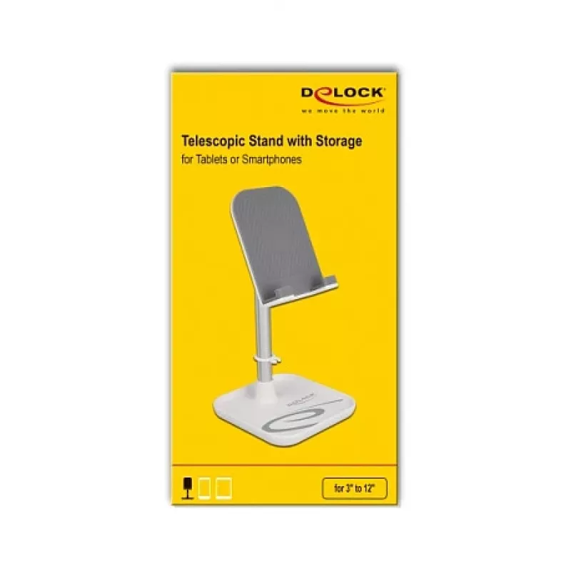 DeLOCK smartphone- en tablet-telescoopstandaard met opbergvak, zilver/wit
