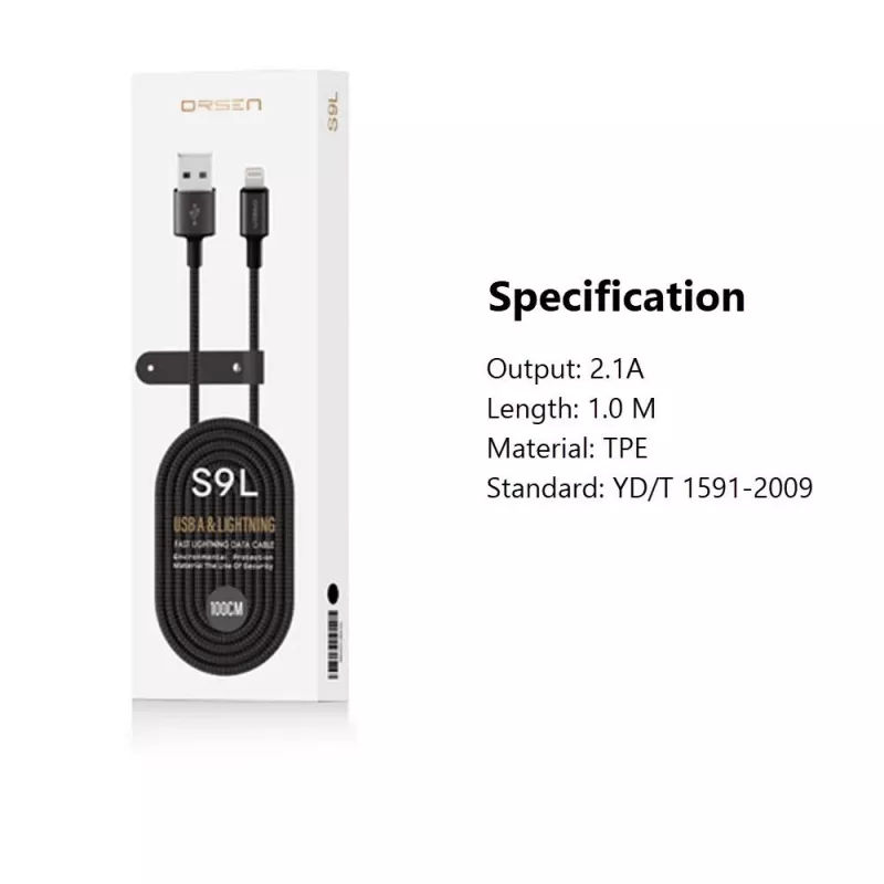 USB-A naar Lightning-kabel Orsen S9L 1 m 2,1A — zwart