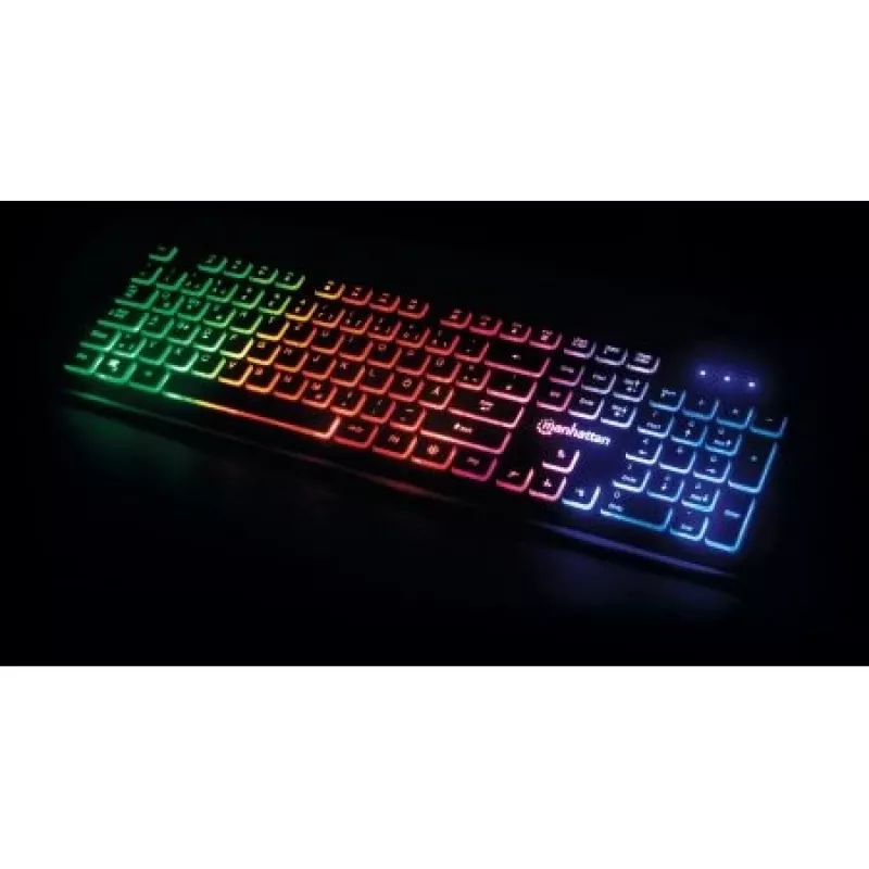 Manhattan Gaming USB-toetsenbord, Low Force Key Edition, 12 multimediatoetsen, rainbow-led-achtergrondverlichting, USB-A, zwart, retailbox (Duitse layout)