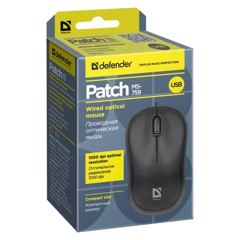 Bedrade optische muis DEFENDER PATCH MS-759 USB Type-A, dubbelhandig, 1000 DPI, zwart