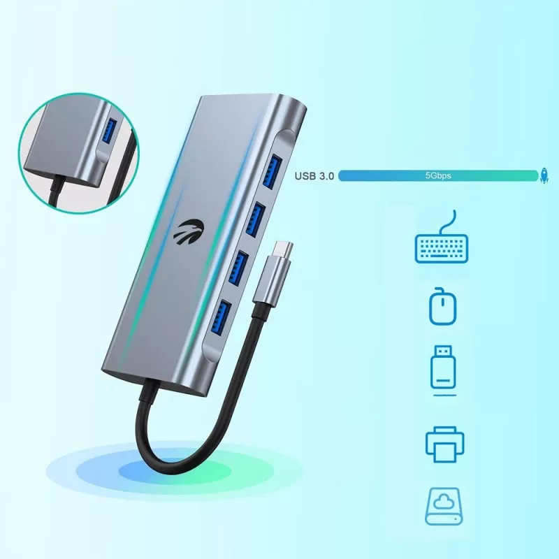 USB-C 11-in-1 adapter Hawk HW-HUB1101 — multiport-hub met 11 aansluitingen