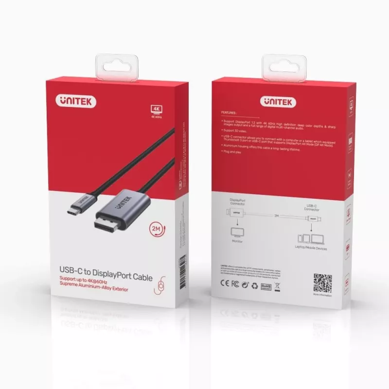 UNITEK V1409A kabeladapter USB-C DisplayPort zwart, grijs