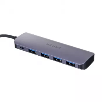 USB-hub Unitek P5+ — 5 poorten (4 × USB 3.2 Gen 2 Type-A), USB 3.2 Gen 1 host, 5 Gbit/s, 10 W PD, aluminium, grijs