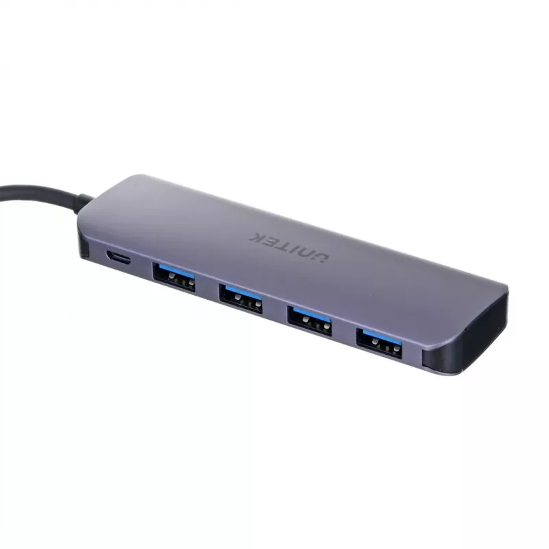 USB-hub Unitek P5+ — 5 poorten (4 × USB 3.2 Gen 2 Type-A), USB 3.2 Gen 1 host, 5 Gbit/s, 10 W PD, aluminium, grijs
