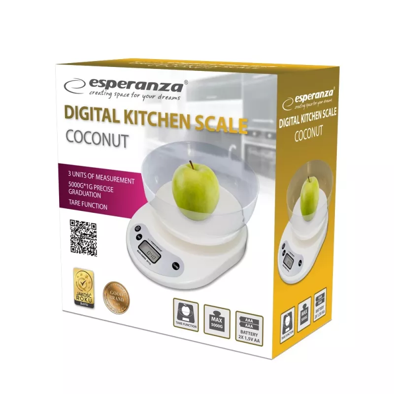 Elektronische keukenweegschaal ESPERANZA EKS007 — 5 kg capaciteit, 1 g nauwkeurigheid, wit