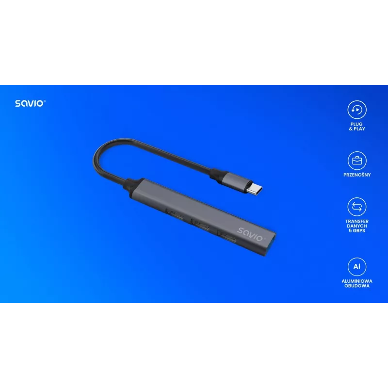 USB 3.0 4-poorts interface-hub SAVIO AK-71 met USB-C host, 5000 Mbit/s, 2 jaar garantie