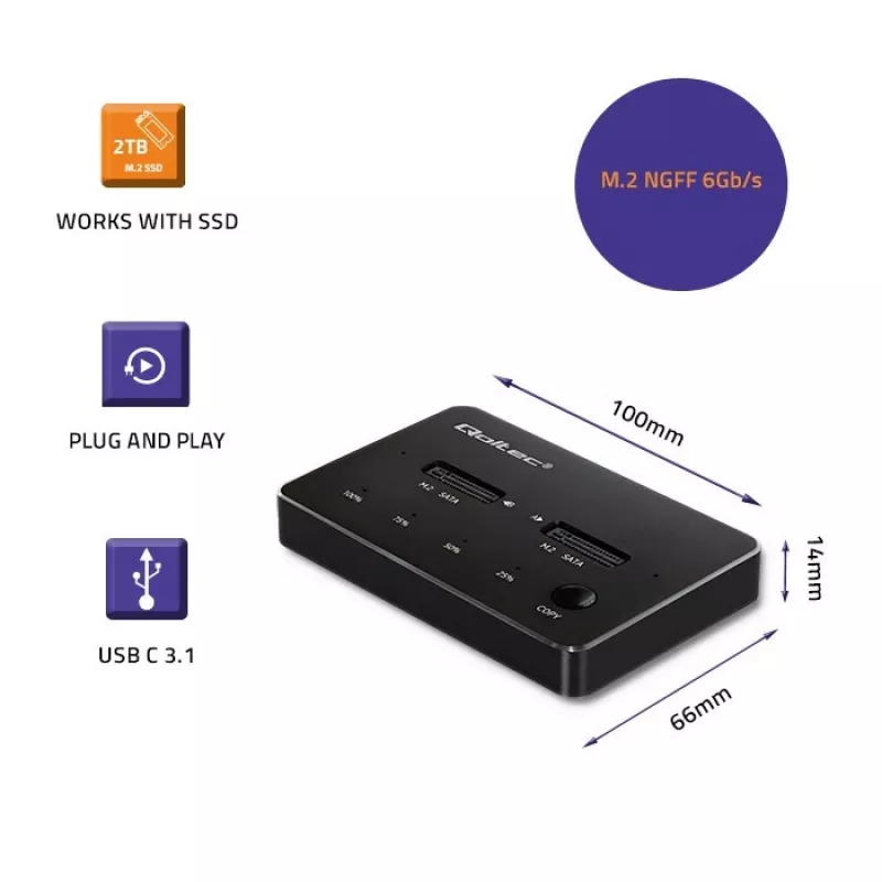 Qoltec 50310 dockingstation 2x SSD M.2 SATA NGFF USB Type-C