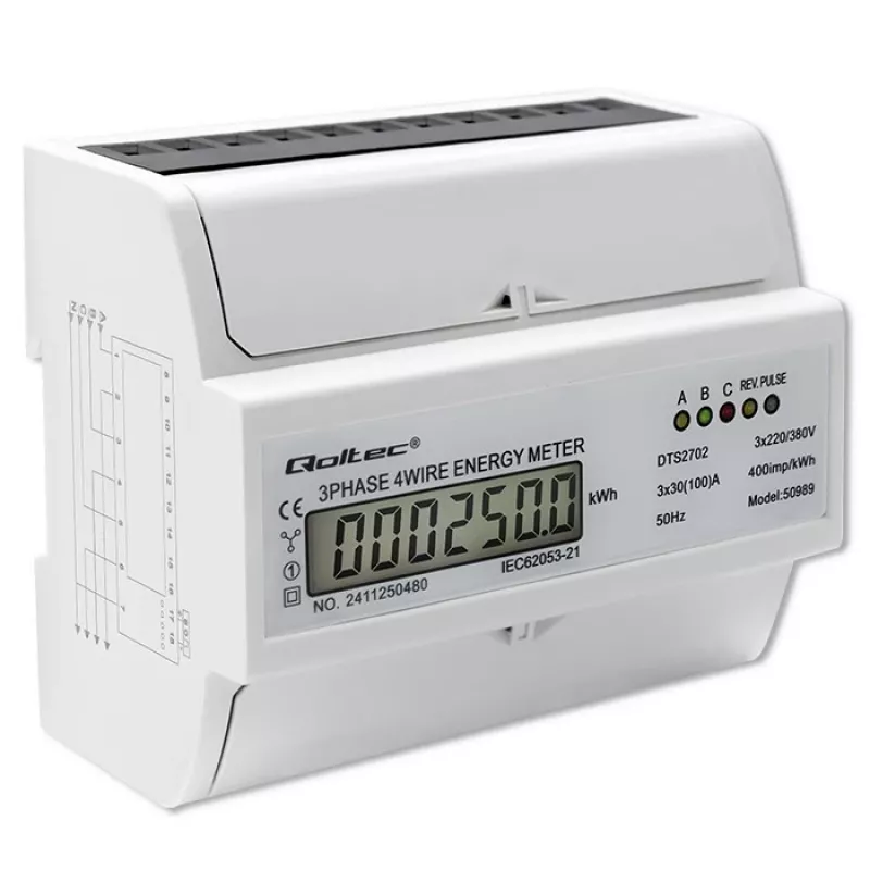 Qoltec driefasige bidirectionele elektronische meter | DIN-rail energieverbruiksmeter | 400V | 100A | LCD | 4P