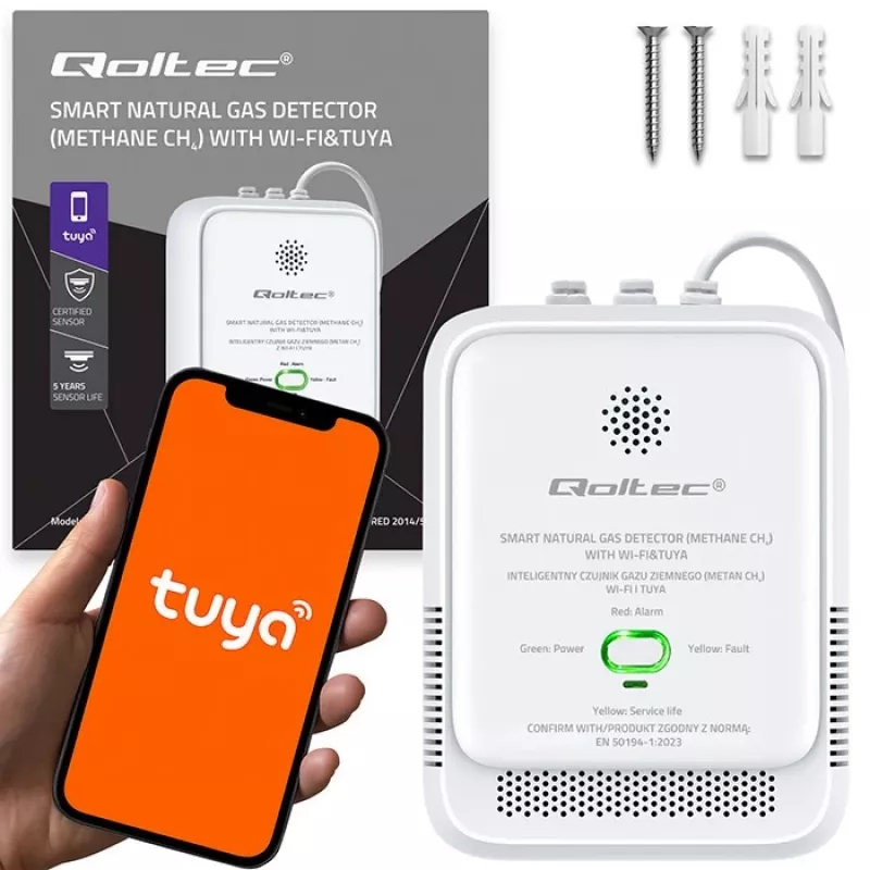 Gaslekdetector QOLTEC NG Tuya — aardgas (CH4)-detector, smart Tuya-compatibel