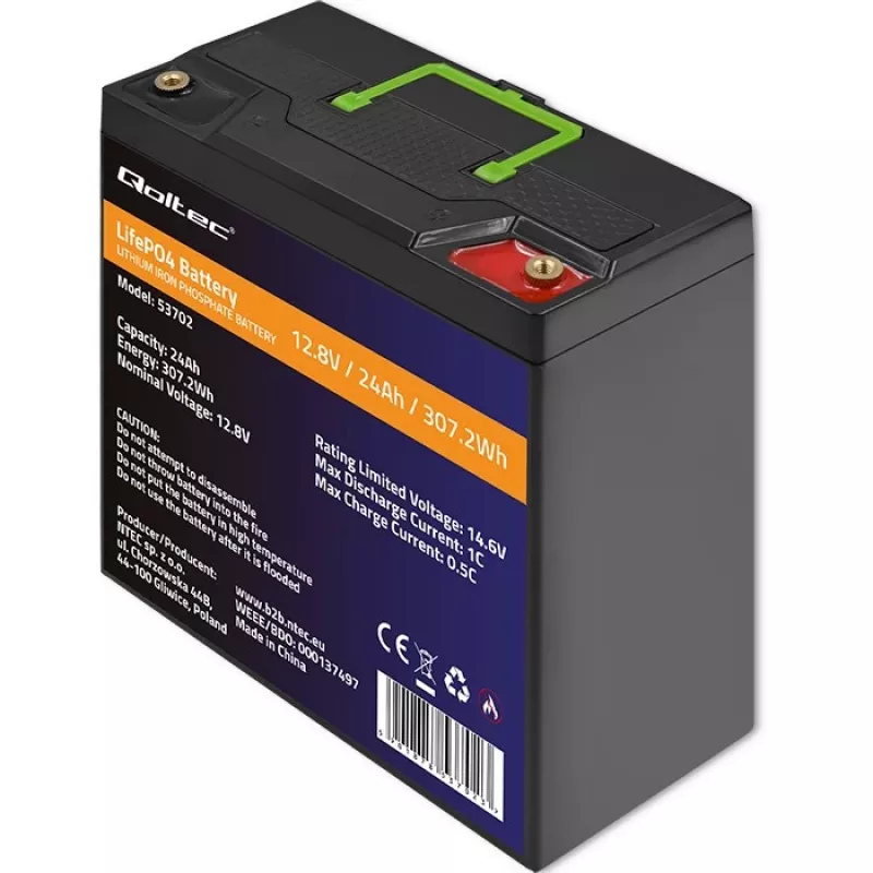 Qoltec 53702 LiFePO4 lithium-ijzerfosfaat-accu | 12,8V | 24Ah | 307,2Wh | BMS