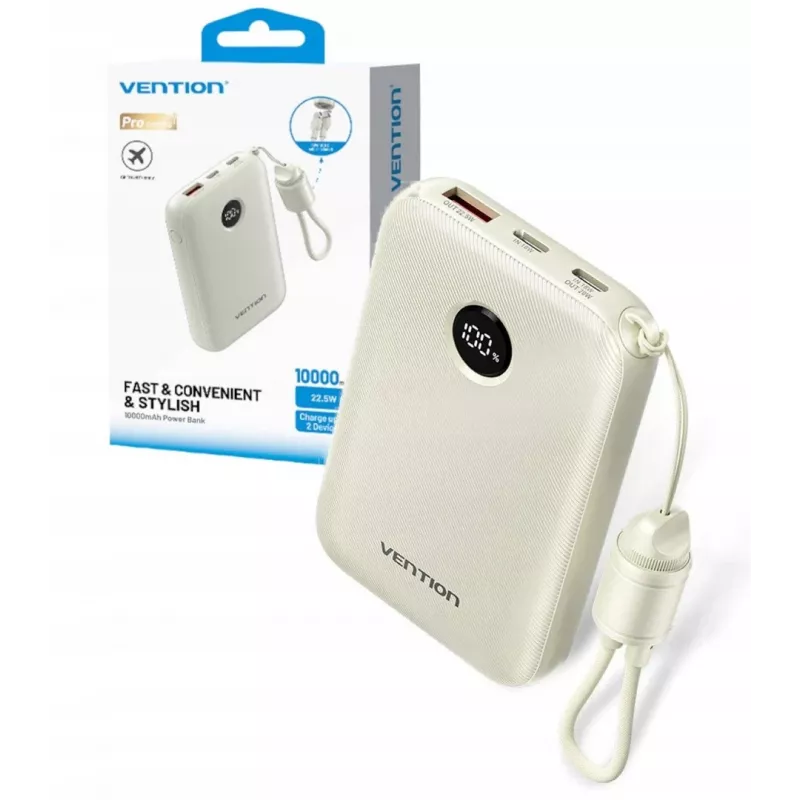 Powerbank Vention FKAN0-C 10000 mAh — 2× USB-C, 1× USB-A, 22,5 W, beige