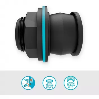 Tankverbinder Push IN, G 1 en G 3/4 (zwart, voor wanddiktes van 2-10 mm)