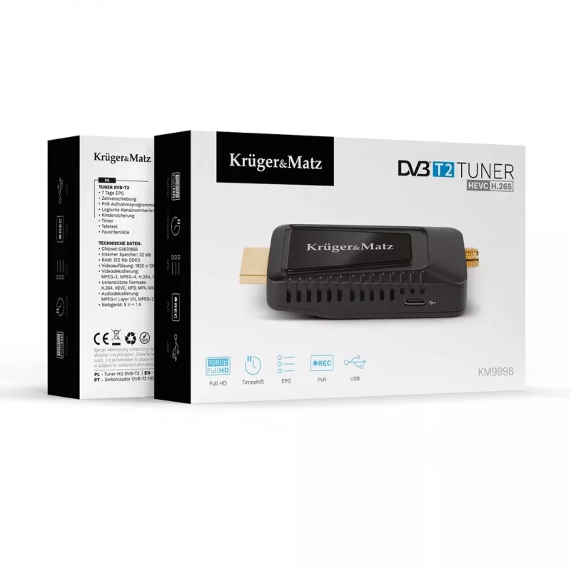 Mini DVB-T2 H.265 HEVC-tuner KRUGER & MATZ KM9998, 470–862 MHz, 1 tuner, HDMI, USB, 720p