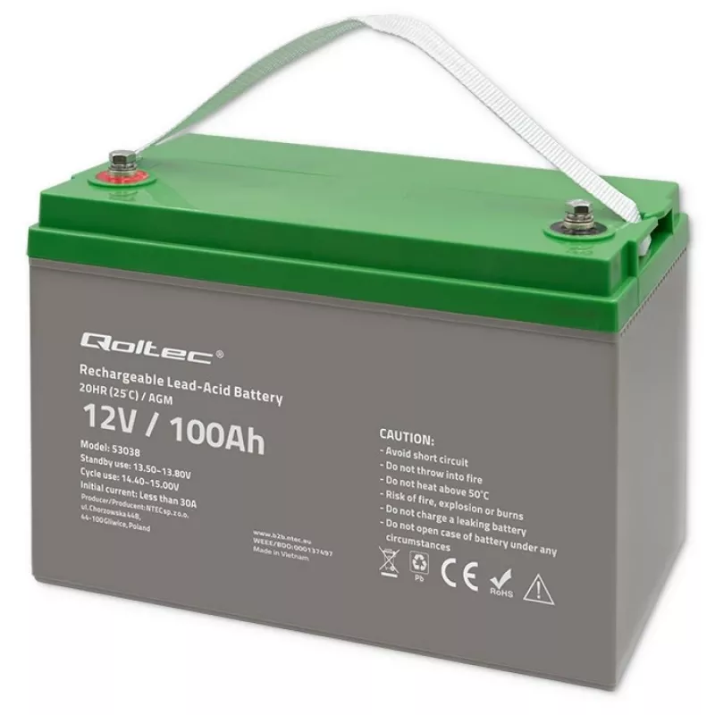 Qoltec 53038 AGM-accu | 12V | 100Ah | max 1200A