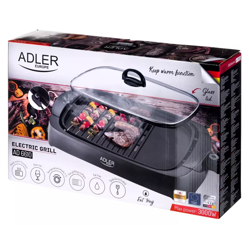 Tafel-elektrische grill Adler AD 6610, 3000 W, zwart, rechthoekig dual-zone rooster+plaat