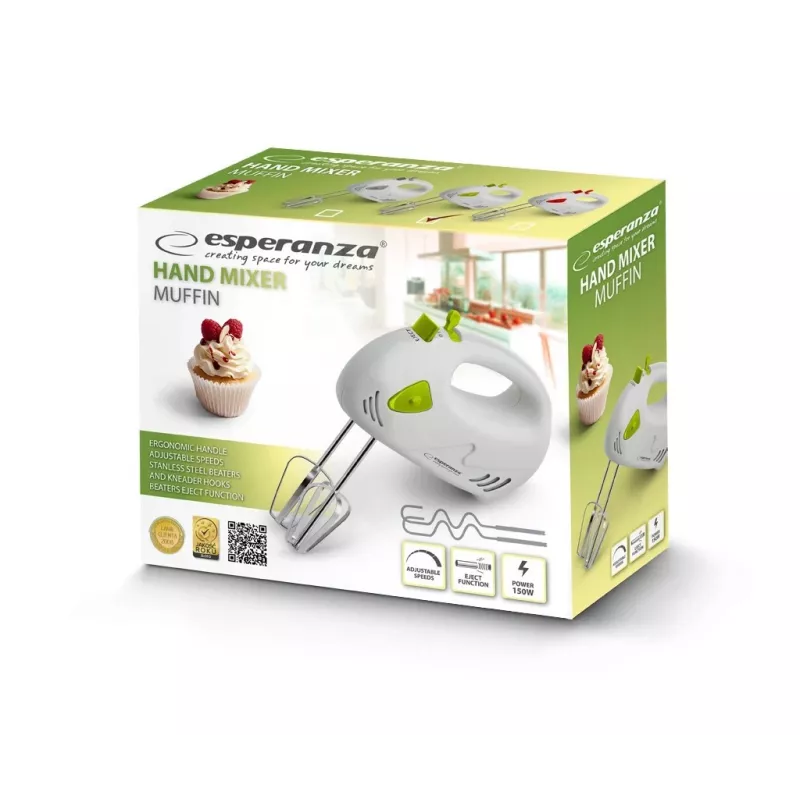 Handmixer ESPERANZA EKM007G — 150 W, 7 snelheden, gardes, ergonomische greep, 1,1 m kabel, groen/wit