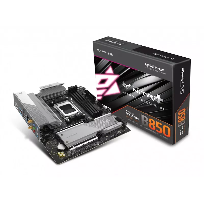 Moederbord Sapphire NITRO+ B850M WIFI — AMD B850, socket AM5, micro ATX, DDR5, 4x DIMM, Wi-Fi 6, 2,5Gb LAN, 2x M.2
