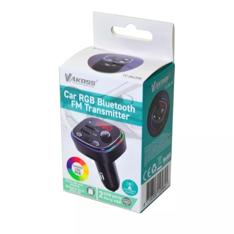 FM-transmitter VAKOSS TC-B439K Bluetooth USB, 87,5–108 MHz, microSD/USB-weergave, 5V/3,1A uitgang, RGB-indicatie