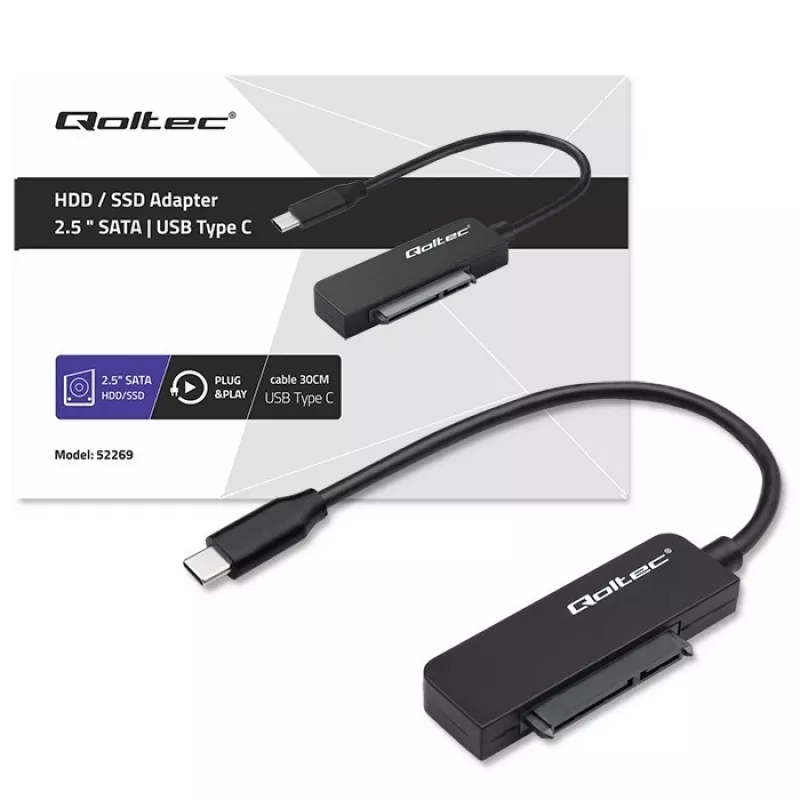QOLTEC SATA-adapter 52269 voor 2,5-inch drive naar USB-C, ondersteunt tot 2 TB