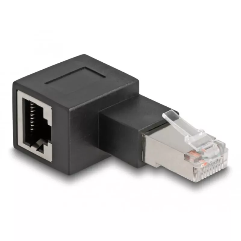 DeLOCK RJ45-stekker naar RJ45-bus adapter Cat.6A 90° links gehoekt zwart