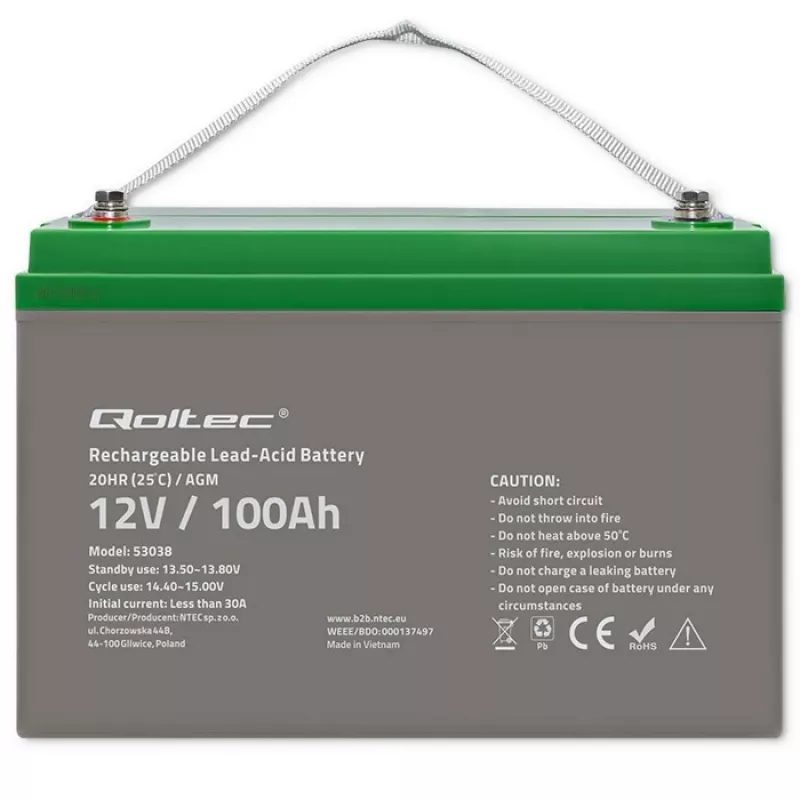 Qoltec 53038 AGM-accu | 12V | 100Ah | max 1200A