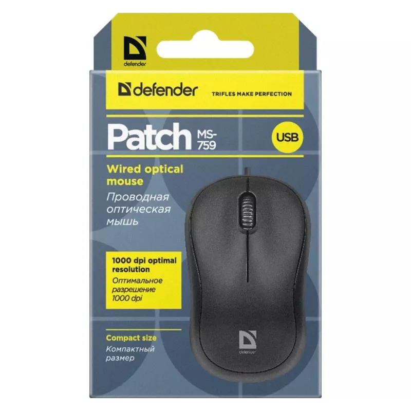 Bedrade optische muis DEFENDER PATCH MS-759 USB Type-A, dubbelhandig, 1000 DPI, zwart