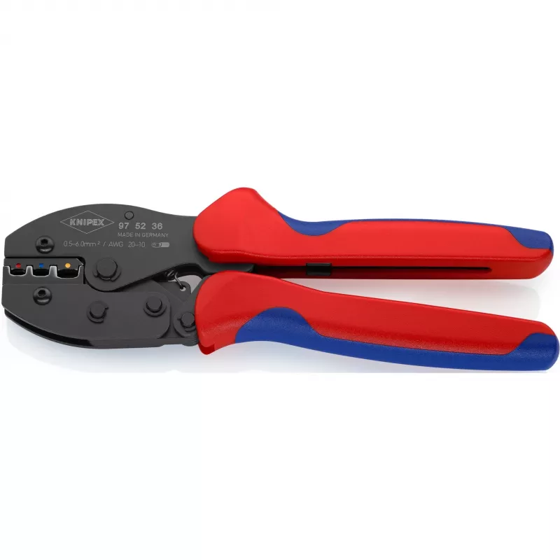 Knipex 97 52 36 PreciForce krimptang 220 mm, 0,5–6,0 mm², 3 krimpnesten, rood/blauw