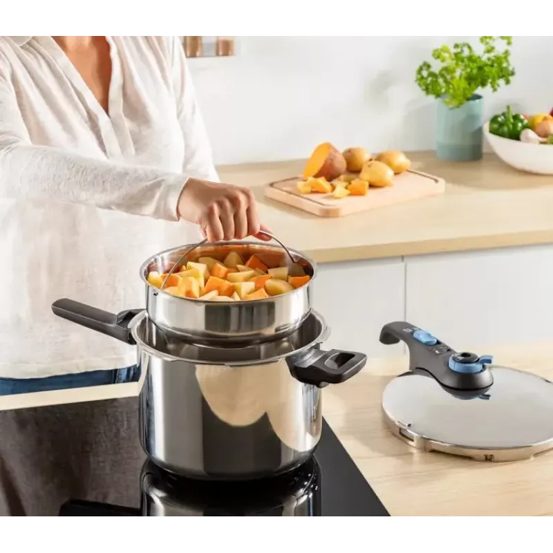 Snelkookpan Tefal SECURE TRENDY 6L met stoominzet van RVS, geschikt voor inductie
