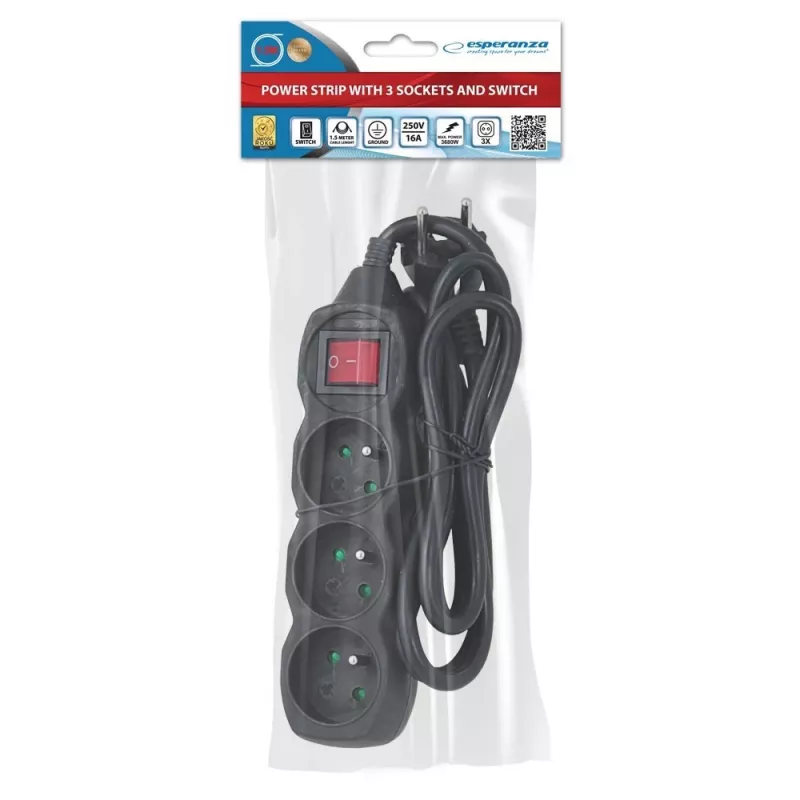 Verlengsnoer ESPERANZA ELK210K — 1,5 m kabel, 3 AC-stopcontacten type E, haakse stekker, binnen, zwart