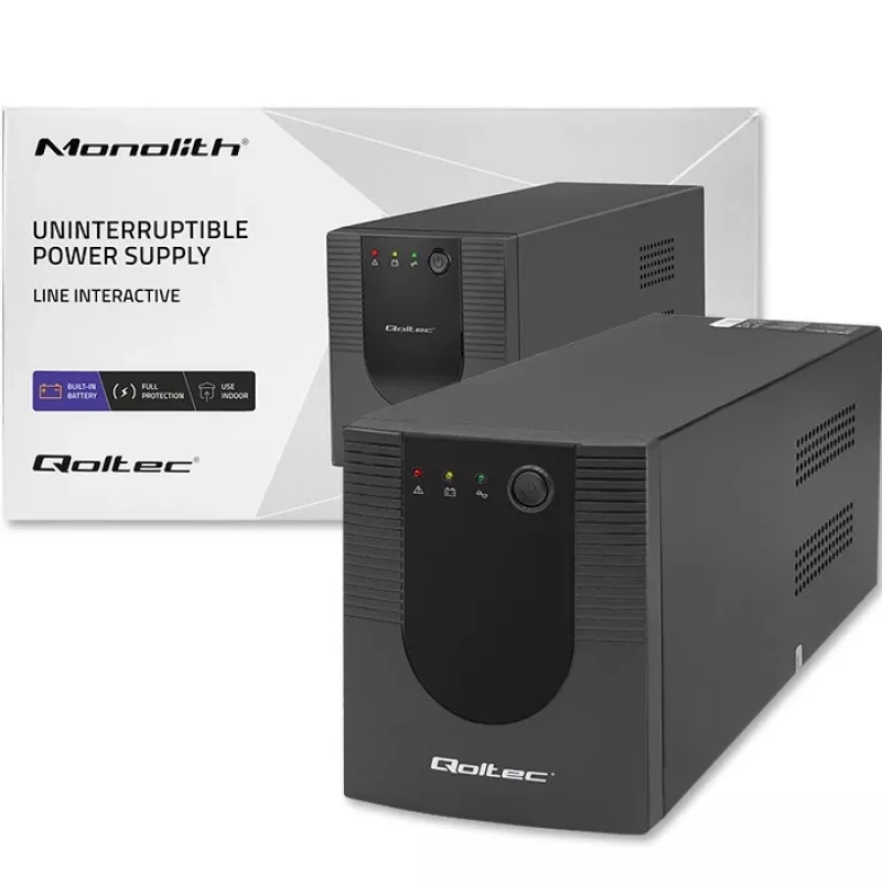 Qoltec Monolith 53775 Line-Interactive UPS, 1200 VA (1,2 kVA) / 720 W, AVR, 4 AC-stopcontacten, zwart