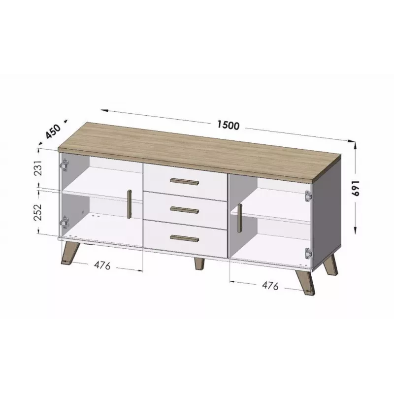 Cama sideboard LOTTA 150 2D3S wotan eiken + mat zwart