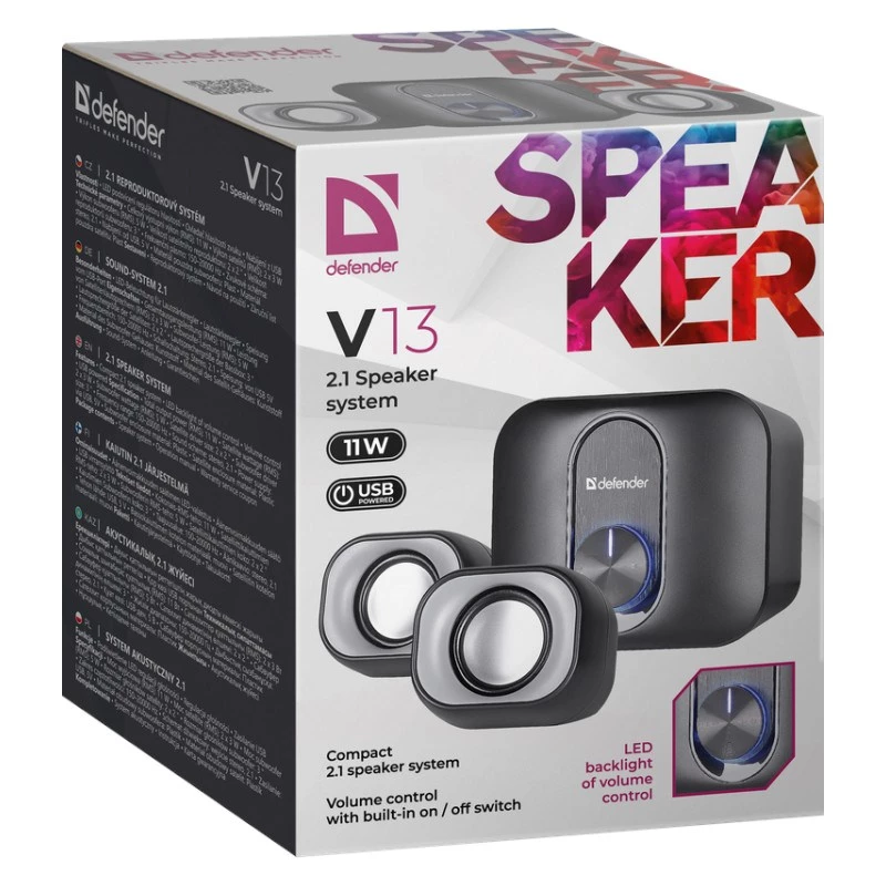 Desktop 2.1-luidspreker DEFENDER V13 — 11 W RMS (6 W satellieten, 5 W subwoofer), USB-voeding, 3,5-mm-ingang, zwart