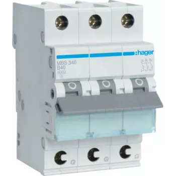 Hager MBS340. Nominale stroom: 40 A. Type: B-karakteristiek, aantal modules (max.): 3 modules. Breedte: 52,5 mm, diepte: 70 mm, hoogte: 83,4 mm (MBS340)