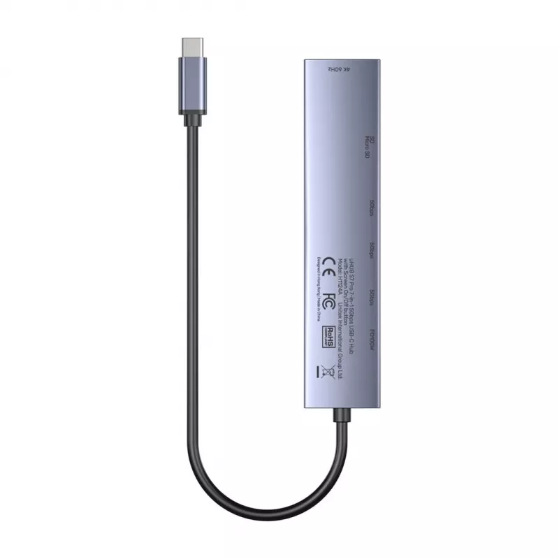 USB-C-hub Unitek H1124AGY01 met 100W PD, HDMI 2.0, 2x USB‑A, 2x USB‑C, SD/microSD-kaartlezer — aluminium