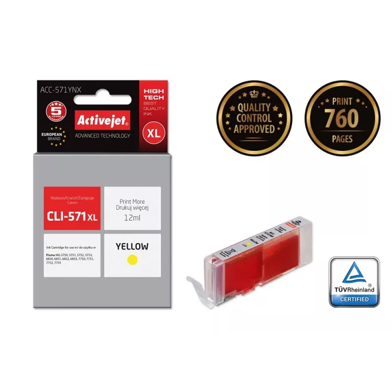 Activejet ACC-571YNX inkt (vervanger voor Canon CLI-571XLY; Supreme; 12 ml; geel)