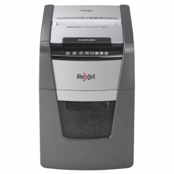 Papiervernietiger REXEL Optimum AutoFeed+ 100X — 100 vel automatische invoer, 4 x 28 mm kruisversnippering, 34 L opvangbak, aluminium