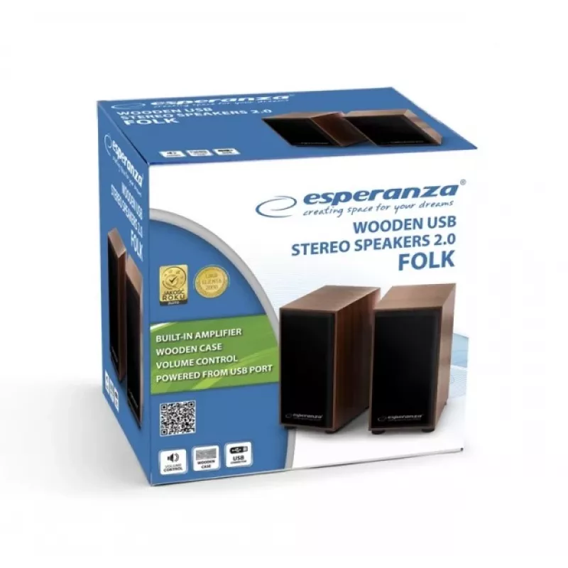 Luidspreker ESPERANZA EP122 2.0 bedrade desktop-luidsprekers, 2×6 W RMS, houten behuizing, volumeregeling met draaiknop, 60–20000 Hz
