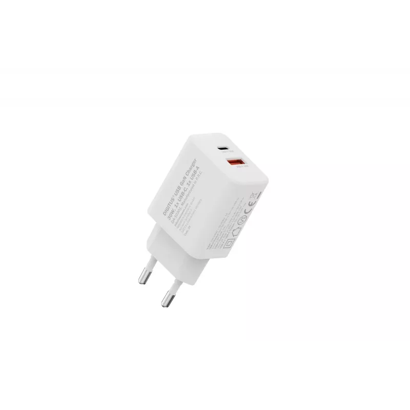 AC indoor USB GaN-oplader DIGITUS DA-10301 — 30W, 1× USB-C, 1× USB-A, 100–240V, wit