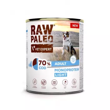 Natvoer voor honden VETEXPERT Raw Paleo Cod Light Adult 800 g — blik, vissmaak, 11,3% eiwit, 1,7% vet