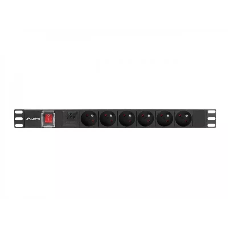 Stroomverdeeleenheid LANBERG PDU-06E-0200-BK — 6x Type-E-uitgangen, 16 A, 2 m kabel, 1HE rack, 220–250 V
