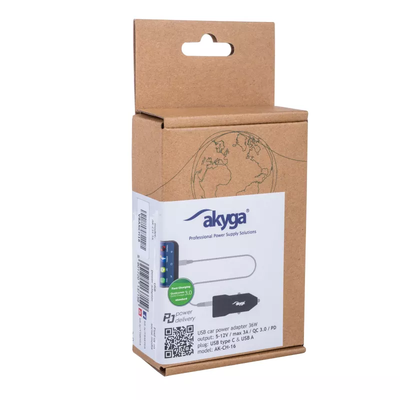 Autolader 12/24V Akyga AK-CH-16 36W USB-A + USB-C PD Quick Charge 3.0 5-12V / 1,5-3A zwart
