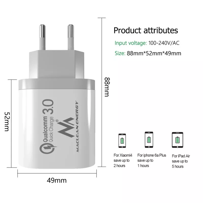 Wandlader MACLEAN MCE479W — 3-poorts USB-snellader, 18W totaalvermogen