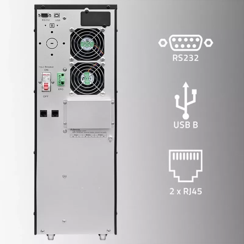 Qoltec 52284 UPS noodstroomvoorziening | 10kVA | 10000W | arbeidsfactor 1,0 | LCD | EPO | USB | online