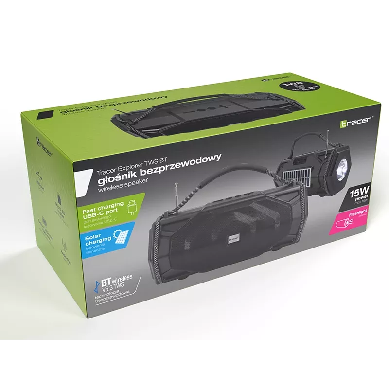 Tracer Explorer TRAGLO47616 draagbare Bluetooth-speaker, TWS, Bluetooth 5.3, 15 W RMS, FM-radio, zaklamp, zonnepaneel, 1800 mAh powerbank, microSD, zwart
