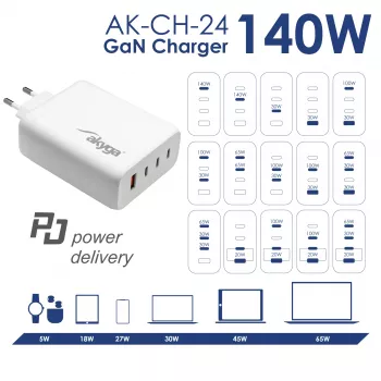 Akyga AK-CH-24 GaN USB-oplader 140 W, 3 x USB-C PD + USB-A, wit