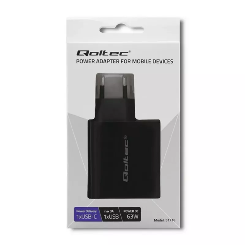 Qoltec 51716 wandlader 63 W, USB-C PD + USB QC 3.0, 5-20 V 1,5-3 A, zwart