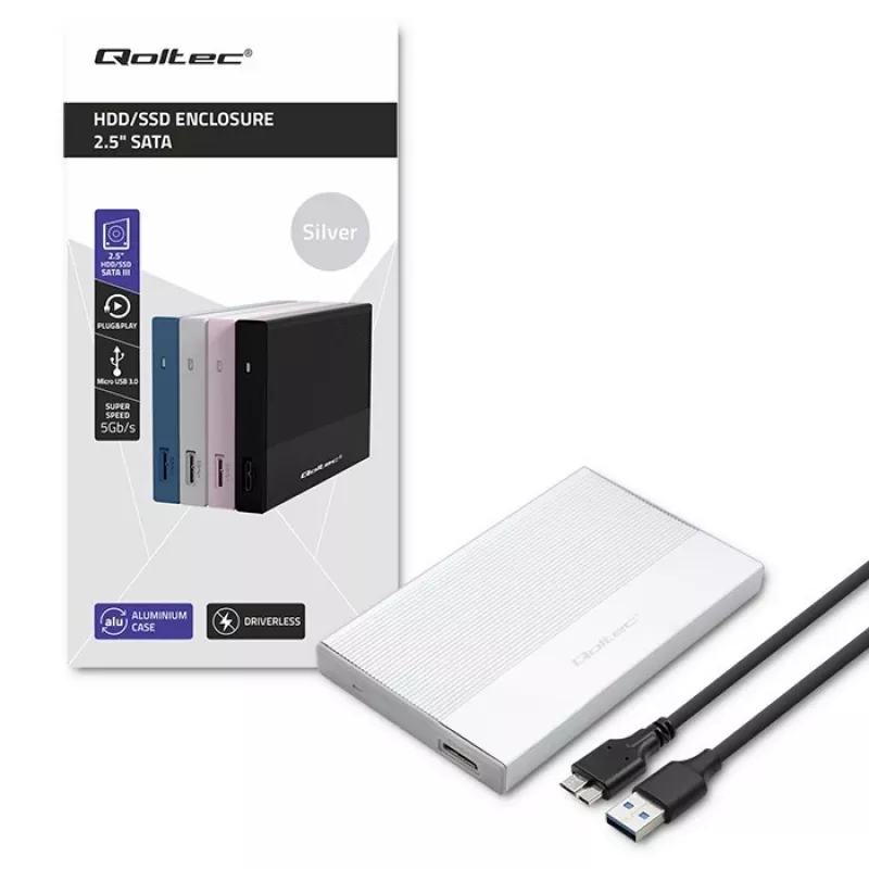 Behuizing voor 2,5-inch SATA-SSD/HDD QOLTEC 52278 USB 3.0, ondersteunt tot 2 TB